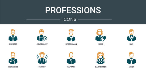 Poster - set of 10 outline web professions icons such as director, journalist, strongman, maid, nun, libraria