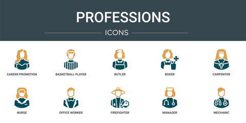 Poster - set of 10 outline web professions icons such as career promotion, basketball player, butler, boxer, carpenter, nurse, office worker vector icons for report, presentation, diagram, web design, mobile