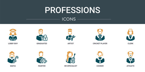 Poster - set of 10 outline web professions icons such as lobby boy, graduated, artist, cricket player, clerk, mafia, painter vector icons for report, presentation, diagram, web design, mobile app