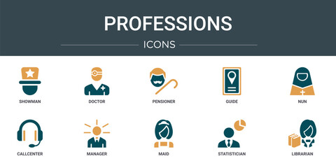 Poster - set of 10 outline web professions icons such as showman, doctor, pensioner, guide, nun, callcenter, 