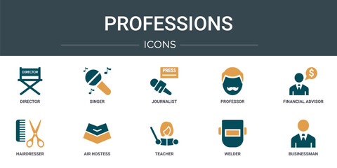 Poster - set of 10 outline web professions icons such as director, singer, journalist, professor, financial a