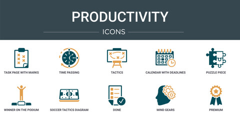 Poster - set of 10 outline web productivity icons such as task page with marks, time passing, tactics, calendar with deadlines, puzzle piece, winner on the podium, soccer tactics diagram vector icons for