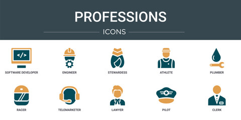 Poster - set of 10 outline web professions icons such as software developer, engineer, stewardess, athlete, p