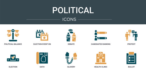Poster - set of 10 outline web political icons such as political balance, election event on a calendar with s