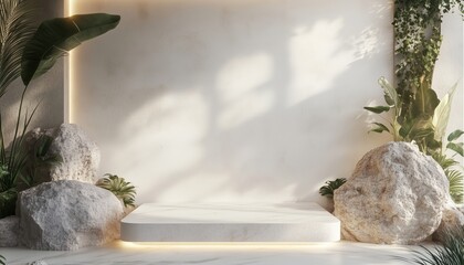 Poster - Cosmetic Architect: Nature-Inspired Light And Stone Podium With White For Branding And Product Presentation Rendering.