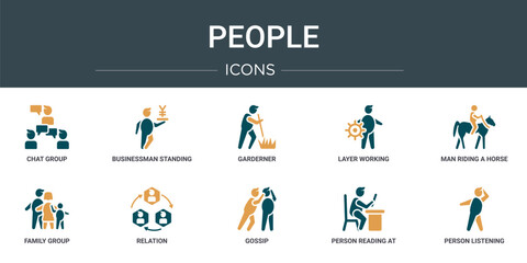 Poster - set of 10 outline web people icons such as chat group, businessman standing with yen, garderner, layer working, man riding a horse, family group, relation vector icons for report, presentation,