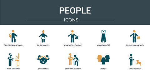 Poster - set of 10 outline web people icons such as children in school, bridesmaids, man with company, women 