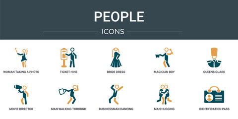 Poster - set of 10 outline web people icons such as woman taking a photo, ticket hine, bride dress, magician boy, queens guard, movie director, man walking through the wind vector icons for report,