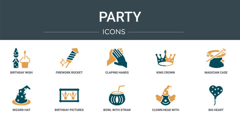 Wall Mural - set of 10 outline web party icons such as birthday wish, firework rocket, claping hands, king crown,