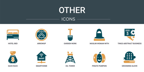 Poster - set of 10 outline web other icons such as hotel bed, arrowup, garden work, muslim woman with hijab, tings abstract business card, sack race, smarthome vector icons for report, presentation, diagram,
