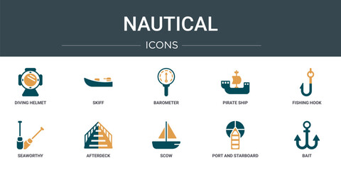 Poster - set of 10 outline web nautical icons such as diving helmet, skiff, barometer, pirate ship, fishing hook, seaworthy, afterdeck vector icons for report, presentation, diagram, web design, mobile app