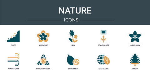 Wall Mural - set of 10 outline web nature icons such as cliff, anemone, iris, eco socket, hypericum, windstorm, b