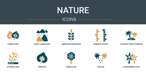 Poster - set of 10 outline web nature icons such as linden leaf, rainy landscape, american mountain ash, bamboo sticks, coconut tree standing, cypress leaf, cordate vector icons for report, presentation,