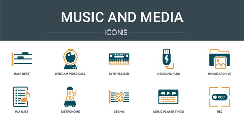 Poster - set of 10 outline web music and media icons such as half rest, webcam video call, synthesizer, charg