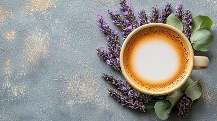 A coffee cup with lavender and green leaves on surface