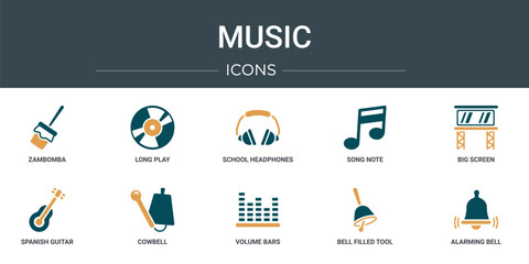 Wall Mural - set of 10 outline web music icons such as zambomba, long play, school headphones, song note, big scr