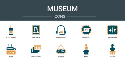 Wall Mural - set of 10 outline web museum icons such as electronics, gioconda, audio guide, no photo, restroom, c