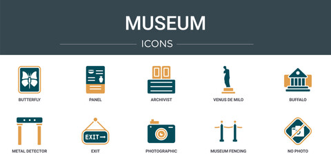Poster - set of 10 outline web museum icons such as butterfly, panel, archivist, venus de milo, buffalo, metal detector, exit vector icons for report, presentation, diagram, web design, mobile app