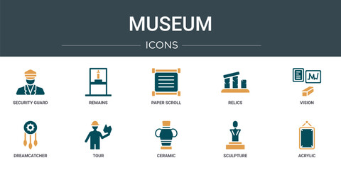Poster - set of 10 outline web museum icons such as security guard, remains, paper scroll, relics, vision, dreamcatcher, tour vector icons for report, presentation, diagram, web design, mobile app