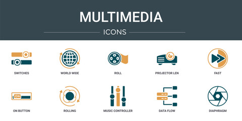 Poster - set of 10 outline web multimedia icons such as switches, world wide, roll, projector len, fast, on b
