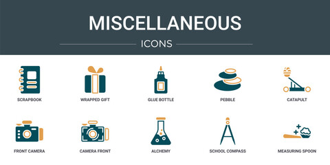Poster - set of 10 outline web miscellaneous icons such as scrapbook, wrapped gift, glue bottle, pebble, catapult, front camera, camera front vector icons for report, presentation, diagram, web design,