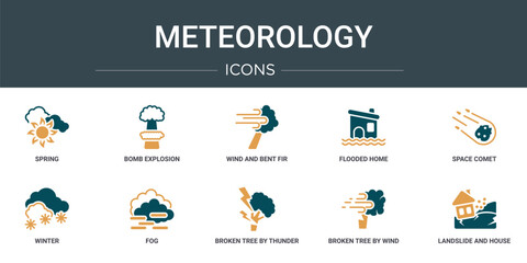 Wall Mural - set of 10 outline web meteorology icons such as spring, bomb explosion, wind and bent fir, flooded h