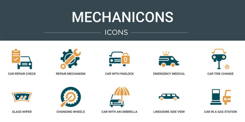Poster - set of 10 outline web mechanicons icons such as car repair check, repair mechanism, car with padlock