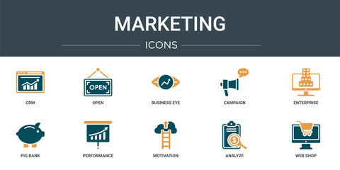 Poster - set of 10 outline web marketing icons such as crm, open, business eye, campaign, enterprise, pig bank, performance vector icons for report, presentation, diagram, web design, mobile app