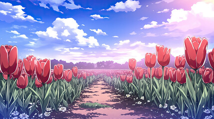 Wall Mural - Captivating field of bright red tulips in full bloom under a clear sky showcasing nature's beauty and the vibrant colors of springtime