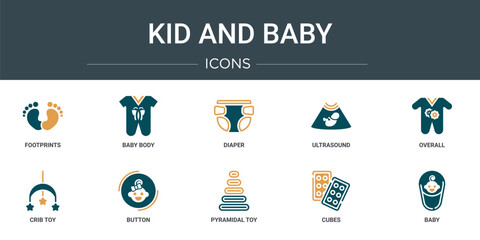 Poster - set of 10 outline web kid and baby icons such as footprints, baby body, diaper, ultrasound, overall, crib toy, button vector icons for report, presentation, diagram, web design, mobile app