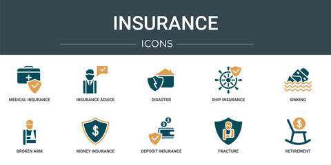 Poster - set of 10 outline web insurance icons such as medical insurance, insurance advice, disaster, ship sinking, broken arm, money vector icons for report, presentation, diagram, web design, mobile app