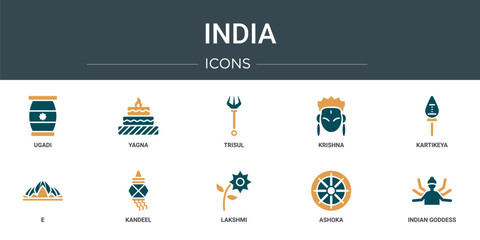 Wall Mural - set of 10 outline web india icons such as ugadi, yagna, trisul, krishna, kartikeya, e, kandeel vecto