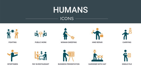 Poster - set of 10 outline web humans icons such as fighting, public work, woman sweeping, hine repair, carrying, sportsmen, pay in restaurant vector icons for report, presentation, diagram, web design,