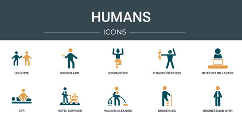 Poster - set of 10 outline web humans icons such as high five, broken arm, gymnastics, fitness exercises, internet on laptop computer, cpr, hotel supplier vector icons for report, presentation, diagram, web