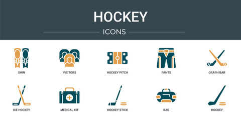 Poster - set of 10 outline web hockey icons such as shin, visitors, hockey pitch, pants, graph bar, ice hockey, medical kit vector icons for report, presentation, diagram, web design, mobile app