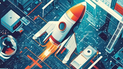 Poster - Futuristic Rocket Launching Above High-Tech Cityscape with Digital Elements and Circuit Patterns