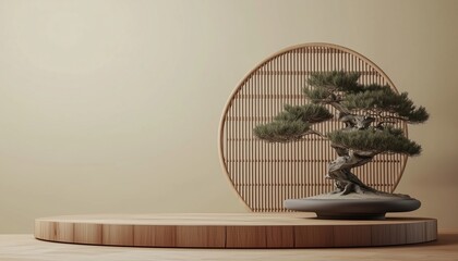 Poster - Japanese Abstract Cosmetic Presentation With Podium And Bonsai Tree In Brown Color For Product Showcase In 3d Rendered Image.