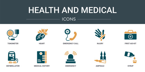 Poster - set of 10 outline web health and medical icons such as tonometer, heart, emergency call, injury, fir