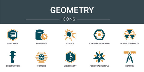 Poster - set of 10 outline web geometry icons such as right align, properties, explode, polygonal hexagonal, multiple triangles inside hexagon, construction, octagon vector icons for report, presentation,
