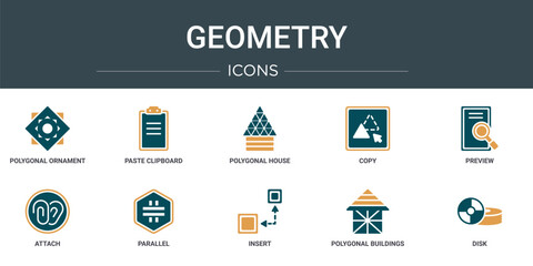 Poster - set of 10 outline web geometry icons such as polygonal ornament, paste clipboard, polygonal house or
