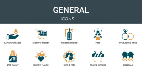 Poster - set of 10 outline web general icons such as save water badge, shopping trolley, fire estinguisher, poor, interlocking rings, card wallet, heart in flames vector icons for report, presentation,