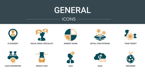Poster - set of 10 outline web general icons such as placement, social media specialist, market share, initial coin offering, team target, lead conversion, weight loss vector icons for report, presentation,