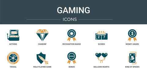 Poster - set of 10 outline web gaming icons such as actions, diamonf, recognition badge, scores, money award,