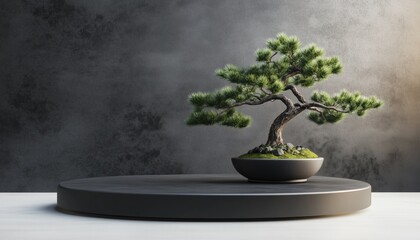 Poster - Japanese Podium And Bonsai Tree With Black For Product Rendering - Showcasing An Elegant Product Display With A Japanese Aesthetic Touch.