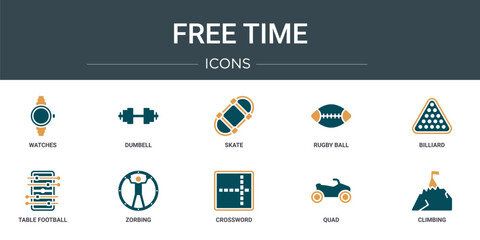 Poster - set of 10 outline web free time icons such as watches, dumbell, skate, rugby ball, billiard, table football, zorbing vector icons for report, presentation, diagram, web design, mobile app