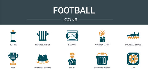 Poster - set of 10 outline web football icons such as bottle, referee jersey, stadium, commentator, football shoes, cup, football shorts vector icons for report, presentation, diagram, web design, mobile app