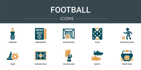 Poster - set of 10 outline web football icons such as tumbler, newspaper, soccer goal, plan, soccer player, c