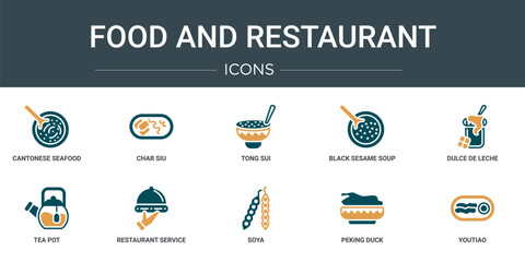 Poster - set of 10 outline web food and restaurant icons such as cantonese seafood soup, char siu, tong sui, black sesame soup, dulce de leche, tea pot, restaurant service vector icons for report,