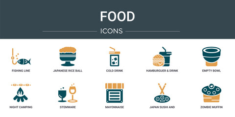 Poster - set of 10 outline web food icons such as fishing line, japanese rice ball in a bowl, cold drink, hamburguer & drink, empty bowl, night camping, stemware vector icons for report, presentation,
