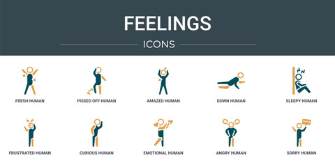 Poster - set of 10 outline web feelings icons such as fresh human, pissed off human, amazed human, down sleepy frustrated curious vector icons for report, presentation, diagram, web design, mobile app